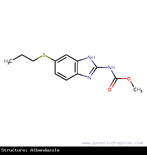 Generic Drug Albendazole prescribed For the treatment of parenchymal neurocysticercosis due to active lesions caused by larval forms of the pork tapeworm, <i>Taenia solium</i> and for...