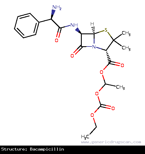 Generic Drug Bacampicillin prescribed For infections at the following sites: upper and lower respiratory tract; skin and soft tissue; urinary tract and acute uncomplicated gonococcal ur...