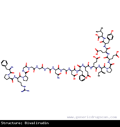 Generic Drug Bivalirudin prescribed For treatment of heparin-induced thrombocytopenia and for the prevention of thrombosis. Bivalirudin is indicated for use in patients undergoing p...