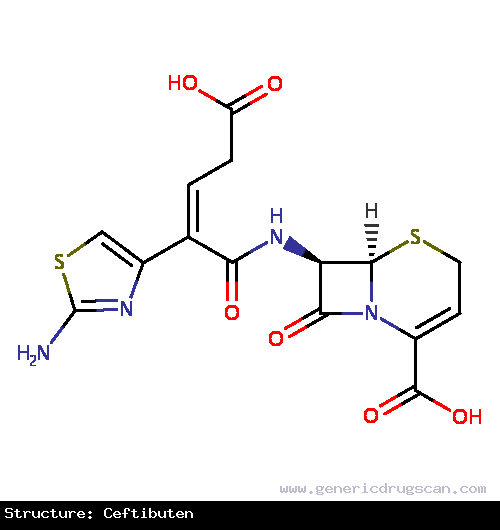 Generic Drug Ceftibuten prescribed Used to treat acute bacterial exacerbations of chronic bronchitis (ABECB), acute bacterial otitis media, pharyngitis, and tonsilitis.