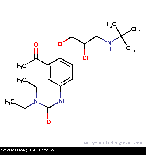 Generic Drug Celiprolol prescribed Celiprolol is indicated for the management of mild to moderate hypertension and effort-induced angina pectoris.