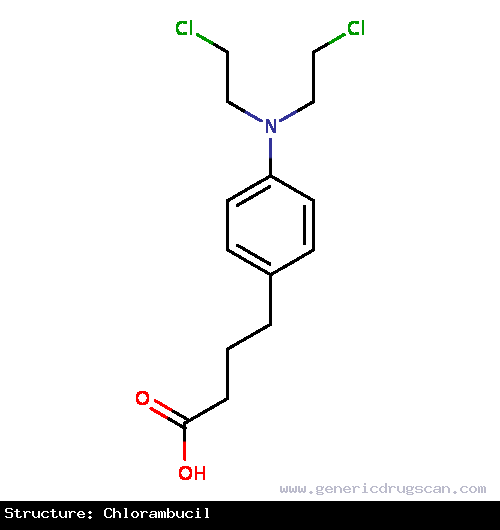 Generic Drug Chlorambucil prescribed For treatment of chronic lymphatic (lymphocytic) leukemia, childhood minimal-change nephrotic syndrome, and malignant lymphomas including lymphosa...