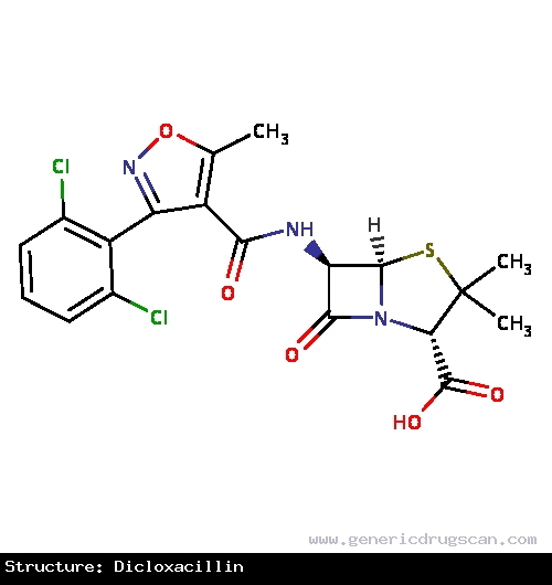 Generic Drug Dicloxacillin prescribed Used to treat infections caused by penicillinase-producing staphylococci which have demonstrated susceptibility to the drug.