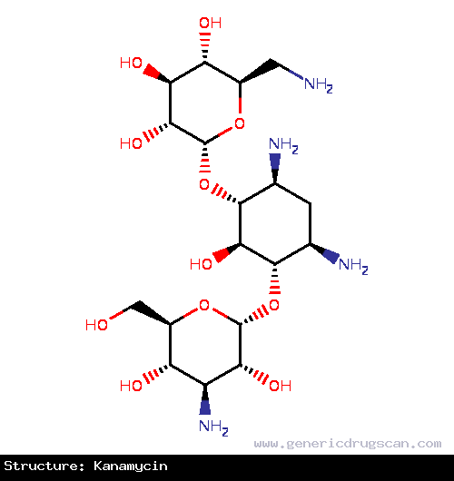 Generic Drug Kanamycin prescribed For treatment of infections where one or more of the following are the known or suspected pathogens: <i>E. coli</i>, <i>Proteus</i> species (both i...