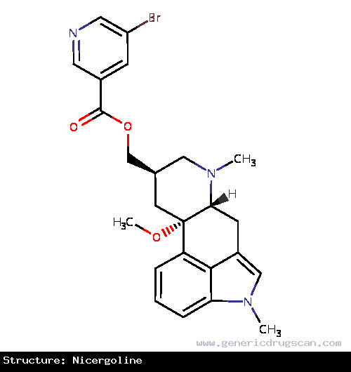 Generic Drug Nicergoline prescribed For the treatment of senile dementia, migraines of vascular origin, transient ischemia, platelet hyper-aggregability, and macular degeneration.