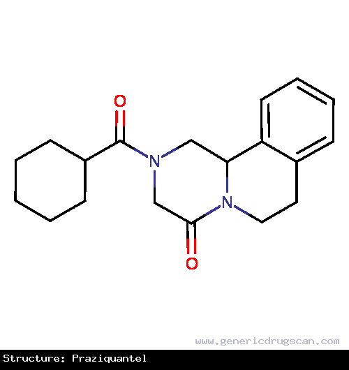 Generic Drug Praziquantel prescribed For the treatment of infections due to all species of schistosoma.