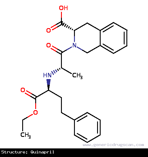 Generic Drug Quinapril prescribed For the treatment of hypertension and as adjunct therapy in the treatment of congestive heart failure. May also be used to slow the rate of progres...