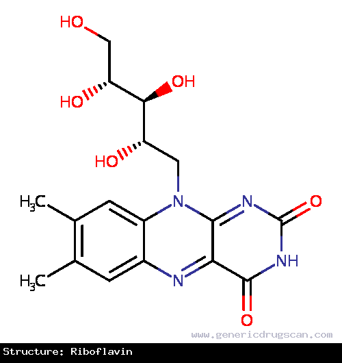 Generic Drug Riboflavin prescribed For the treatment of ariboflavinosis (vitamin B2 deficiency).