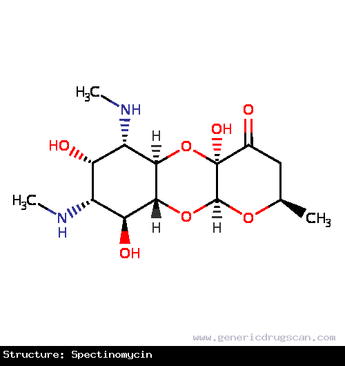 Generic Drug Spectinomycin prescribed For use in the treatment of acute gonorrheal urethritis and proctitis in the male and acute gonorrheal cervicitis and proctitis in the female when ...