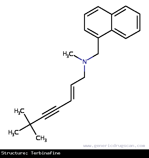 Generic Drug Terbinafine prescribed For the treatment of dermatophyte infections of the toenail or fingernail caused by susceptible fungi. Also for the treatment of tinea capitis (sca...